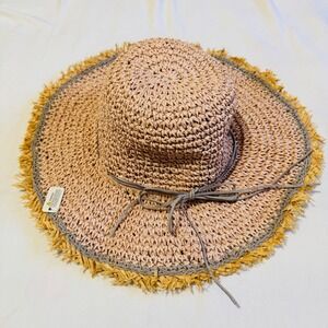 Sun Hat Tan Pink Woven Paper Straw Wide Brim Fringed Edge Boho Beach Summer